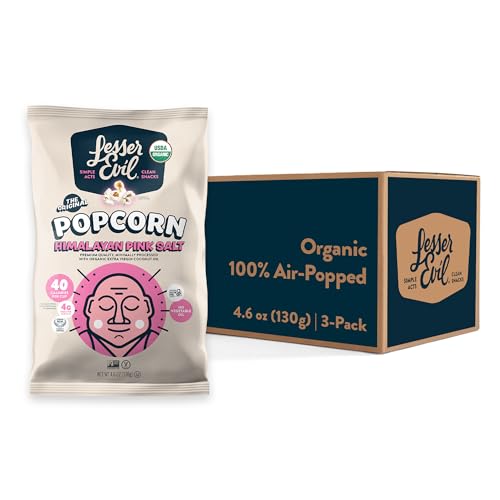 LesserEvil Himalayan Pink Salt Organic Popcorn, Premium Quality, Minimally Processed, No Vegetable Oil, 4.6 Oz, Pack of 3