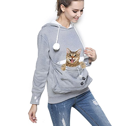 Womens Pet Carrier Shirts Kitten Puppy Holder Animal Pouch Hood Sweatshirt 2XL Light Grey