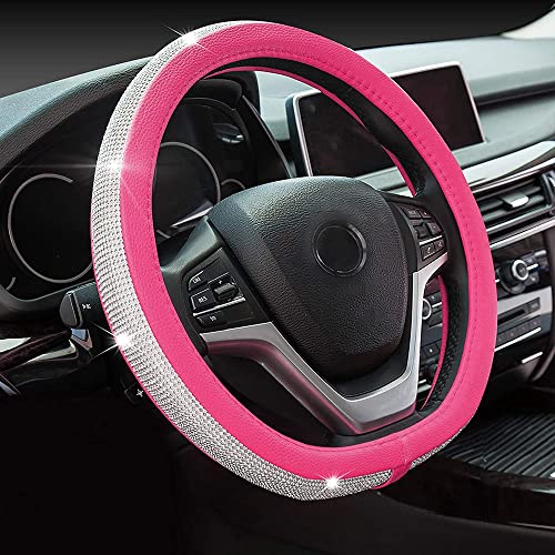 Diamond Leather Bling D Shape Steering Wheel Cover with Shining Crystal Rhinestones,Flat Bottom Shaped Steering Wheel Cover Universal Fit for 15 Inch Steering Protector for Women Girls