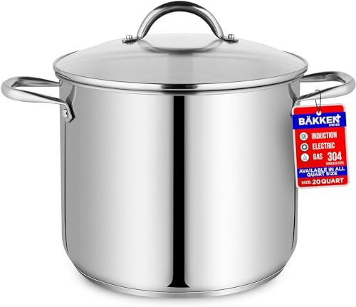 Bakken-Swiss Deluxe 20-Quart Stainless Steel Stockpot w/Tempered Glass See-Through Lid - Simmering Delicious Soups Stews & Induction Cooking - Exceptional Heat Distribution - Heavy-Duty & Food-Grade