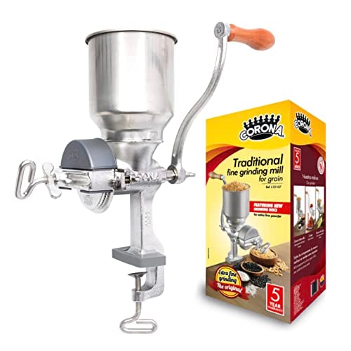 Corona Corn Grinder, Grain Mill, Manual Grinder For Corn, Rice, Soybeans, Pepper, Chickpeas, Cast Iron Wheat Grinder For Domestic Use, Gray, Corona Cast Iron Corn and Grain Mill with High Hopper