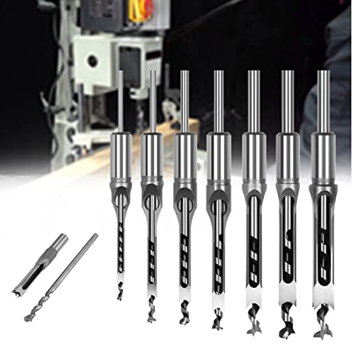 Square Hole Drill Bit, 7Pcs Woodworker Square Hole Saw Mortise Chisel Drill Bit Kit Tool Set (1/4-Inch - 3/4inch)
