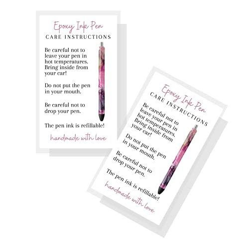 Crafters Cup Epoxy Pen Care Card | 50 Pack inches Business Sized Card | For Handmade Epoxy Resin Gel Pen Crafters | Epoxy Pen Supplies White with Pink Marbled Pen Design, pink, white, 3.5 x 2 inches