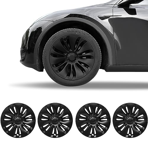 Klutchtech 2020-2023 Tesla Model Y Hubcaps - 19 Inch Gemini Wheel Covers OEM Wheel Caps 19'' berturbine Wheel Hub Caps Replacement Compatible with Tesla Model Y Accessories (Matte Black - 4 Pack)