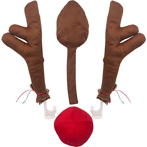 Hxezoc Car Christmas Reindeer Antler Decorations Set, Vehicle Christmas Car Decor Kit with Jingle Bells Rudolph Reindeer and Red Nose, Auto Accessories Decoration for Car Trucks Vans SUV Car