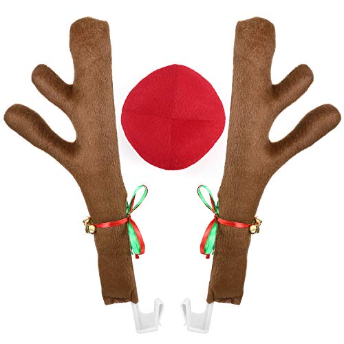 Poptrend Car Reindeer Antlers & Nose Decorations, Window Roof-Top & Front Grille Rudolf Reindeer Jingle Bell Christmas Costume Auto Accessories (Large, Brown+red)