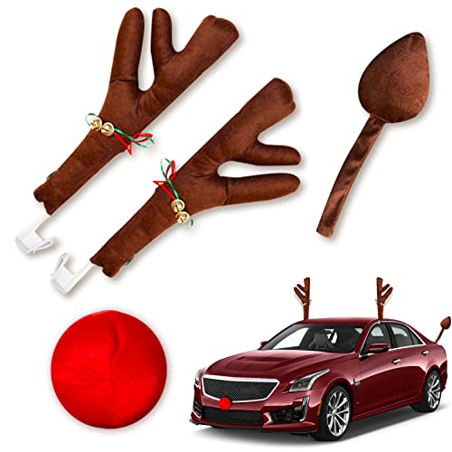 Christmas Reindeer Antlers for Car Exterior Decorations, Window Roof-Top Reindeer and Red Nose Set with Jingle Bells Auto Car Accessories for SUV Van Truck