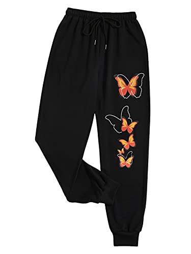 SOLY HUX Women's Butterfly Print Drawstring High Waisted Sweatpants Joggers Pants Black S