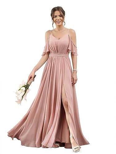 vintys Country V-Neck Dusty Rose Bridesmaid Dresses 2023 for Women Cold Shoulder Chiffon Low Back Side Slit Formal Prom Gown with Pockets Floor Length 4