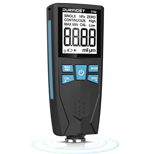 Paint Thickness Gauge, DURFICST Coating Thickness Gauge for Cars, High Contrast Backlit LCD Display, with Auto Digital Calibration and Data Hold, Paint Thickness Tester, Fe/NFe Automatic Detection