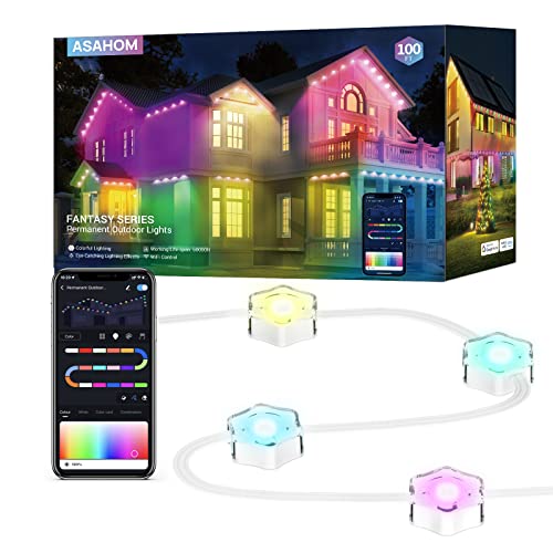 ASAHOM Permanent Outdoor Lights, 100ft Smart RGB Outdoor Lights Alexa with 70 Preset Scenes, IP67 Waterproof 72 LED Eaves Lights for Party, Holiday, Daily Lighting, Smart APP & Voice Control