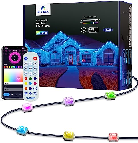 APPECK Permanent Outdoor Lights 65.6ft, Smart RGB+IC LED Eaves Lights with 100 LEDs, IP65 Waterproof Outdoor LED Lights for Party, Roof, Garden, Game Day, Work with Alexa, Google Assistant