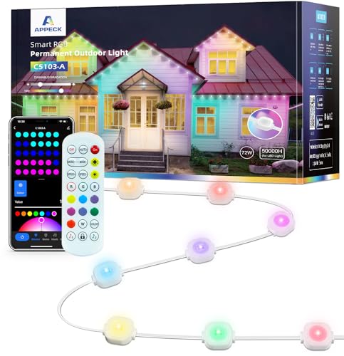 APPECK Permanent Outdoor Lights 100ft, Smart RGB Outdoor Lights with 72 LEDs, IP65 Waterproof LED Eaves Lights, 54 Scene Modes Lighting for Party, Daily, Halloween, Christams, Roof, Garden, Patios