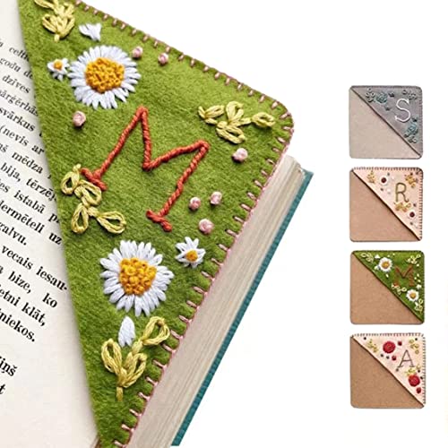 Personalized Hand Embroidered Corner Bookmark, 26 Letters Hand Stitched Felt Corner Letter Bookmark, Cute Flower Embroidery Bookmarks for Book Reading Lovers Meaningful Gift (M, Summer)