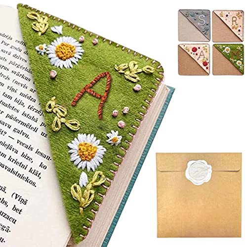 Personalized Hand Embroidered Corner Bookmark, 26 Letters Hand Stitched Felt Corner Letter Bookmark, Cute Flower Embroidery Bookmarks for Book Reading Lovers Meaningful Gift (SummerA