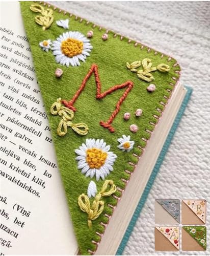 Personalized Hand Embroidered Corner Bookmark, 26 Letters Cute Flower Embroidered Corner Bookmark Embroidery Book Marker Clip for Book Lovers Bookmarks for Reading Lovers Meaningful GIF (Summer, L)