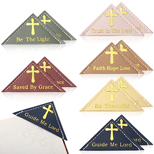 Kosiz 12 Pieces Bible Verse Leather Triangle Bookmark Cute Page Corner Bookmarks for Book Lovers Leather Bookmarks Reading Accessories for Office School Home Women Men, 6 Styles