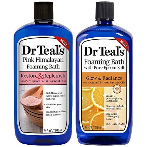 Dr. Teal's Pure Epsom Salt Foaming Bath Gift Set (2 Pack, 34 oz ea.) - Restore & Replenish Pink Himalayan and Glow & Radiance with Vitamin C & Citrus Essential Oils - Long Lasting Bubbles Nourish Skin