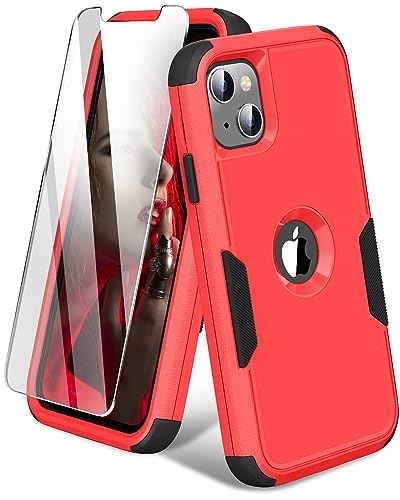 FireNova for iPhone 13 Case, iPhone 14 Case, with [Tempered Glass Screen Protector][Shockproof] [Dropproof], Protective Heavy-Duty 3 in 1 Tough Rugged Non-Slip Protective Case Cover,6.1 Inch,Red