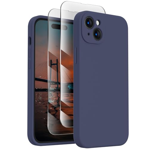 FireNova Designed for iPhone 15 Case, Silicone Upgraded [Camera Protection] Phone Case with [2 Screen Protectors], Soft Anti-Scratch Microfiber Lining Inside, 6.1 inch, Navy Blue