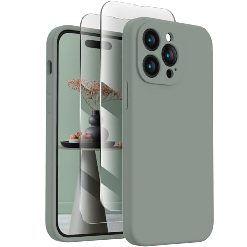 FireNova for iPhone 14 Pro Case, Silicone Upgraded [Camera Protection] Phone Case with [2 Screen Protectors], Soft Anti-Scratch Microfiber Lining Inside, 6.1 inch, Calke Green