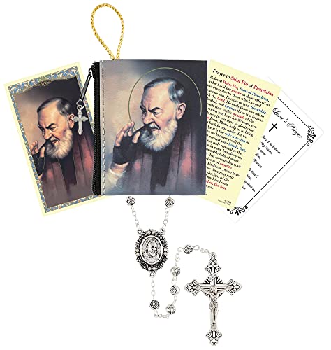 St Padre Pio Rosary - with Padre Pio Prayer Card, Zippered Rosary Case, The Lord's Prayer Card | Rosebud Padre Pio Rosary Beads | St Pio Rosary Set for Communion, Confirmation, Baptism | 3 Items