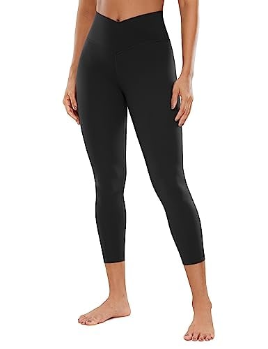 CRZ YOGA Womens Butterluxe Crossover Workout Capri Leggings 23 Inches - High Waist V Cross Crop Gym Athletic Yoga Pants Black Medium