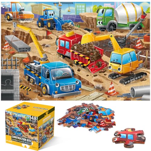 Jumbo Floor Puzzle for Kids,Construction Site Jigsaw Large Puzzles,48 Piece Construction Vehicle Puzzle for Toddler Ages 3-5,Children Learning Preschool Educational Toys,Gift for 4-8 Years Old