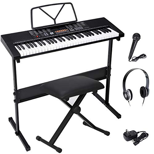 Saturnpower 61-Key Portable Electronic Keyboard Piano with Built In Speakers, Headphones, Microphone, Dual Power Supply, Piano Stand, Music Sheet Stand and Stool for Beginner (Kid & Adult) Black