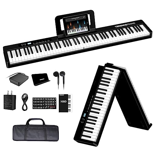 TERENCE Piano Keyboard 88 Keys, Semi-Weighted Folding Piano Keyboard with MIDI Support Bluetooth Portable Piano with LCD Screen, 2X5W Speakers, Music Stand, Stickers, Earphones and 1/4'' Sustain Pedal