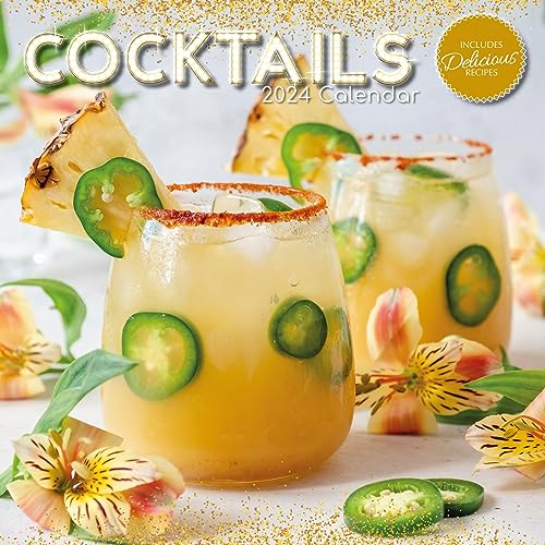 2024 Square Wall Calendar, Cocktails, 16-Month Food Theme with 180 Reminder Stickers (12x12 In)