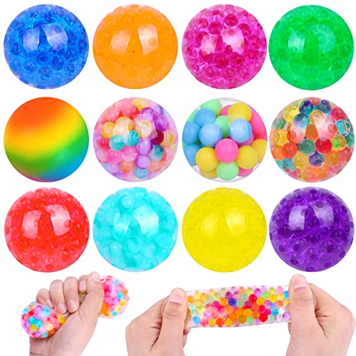 DULEFUN 12pcs Stress Ball Toys for Kids Adults, Squishy Balls Squeeze Fidget Toys Sensory Stress Balls Set Filled with Water Beads to Relax Stress Toys for Office Classroom Party Favors for Boys Girls