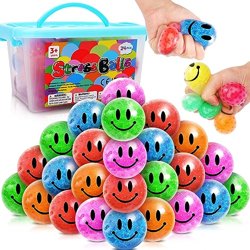 Squishy Stress Balls for Kids - 24 Pack Emotion Stress Balls Bulk, Stress Relief Fidget Balls Filled with Water Beads to Relax, Squishy Balls for Kids with ADHD, Autism - Prize Box Toys for Classroom