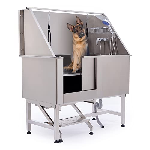 CO-Z 50 Inch Stainless Steel Dog Pet Bathing Grooming Station for Large Dogs, Pet Dog Washing Station for Home, Professional Dog Shower Sink for XL Dogs, Pet Dog Bathtub with Steps Grate 260 lb. Cap.