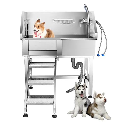 Urtzcoye 34 "Dog Grooming Tub, Stainless Steel Small Dog Washing Station for Home Dog Grooming,Pet Shower Sink with Steps Faucet & Accessories