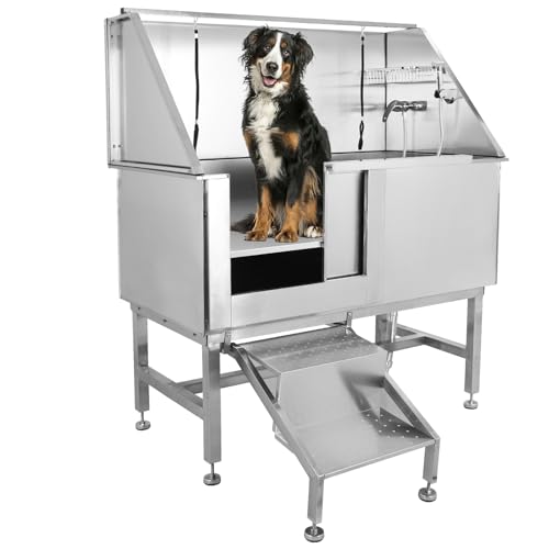Towallmark Dog Grooming Tub, 50" L Pet Wash Station, Professional Stainless Steel Pet Grooming Tub with Ramp, Faucet, Sprayer, and Drain Kit