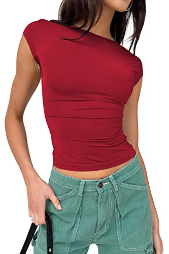 EFAN Crop Tops for Women Trendy Basic Red Sexy Backless Tops Summer Outfits 2023 Cute Trendy Short Sleeve Crop Tops T-Shirts Fashion Clothes Y2k Tops