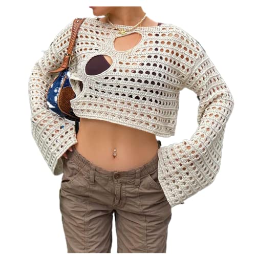 Hollow Out Rainbow Crochet Knit Tops for Women Crop Color Block Long Sleeve Square Neck Sweaters Tops (A-Beige, M)