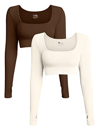 OQQ Women's 2 Piece Crop Top Ribbed Seamless Workout Exercise Long Sleeve, Coffee Beige, Medium