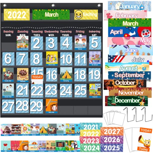 Classroom Calendar, Calendar Pocket Chart 2023-2027 for Kids Learning with 120 Cards Homeschool Kids Early Learning Teacher Supplies,Teaching Chart with Festival,Weather,Activities,Today Tag Card