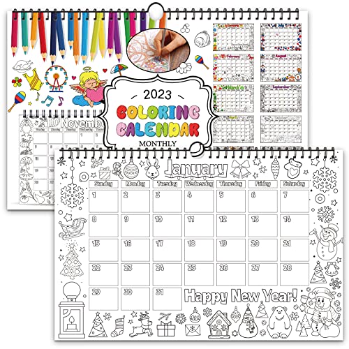 Coloring 2023 Calendar for Kids, Monthly Wall Calendar with 12 Months, Days & Unique Illustrated Images to Color, Great Classroom Calendar and Activity Tracking Chart for Children Home Learning
