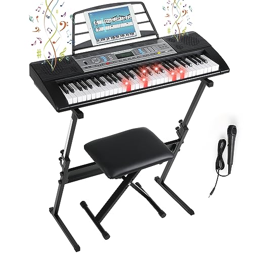 MAMIZO 61 Key Keyboard Piano, Electric Piano Keyboard for Beginners with X-Stand, Stool, Dual Power Supply, 3 Teaching Modes, LCD, Microphone, Sheet Music Stand, Supports MP3/USB MIDI/Microphone