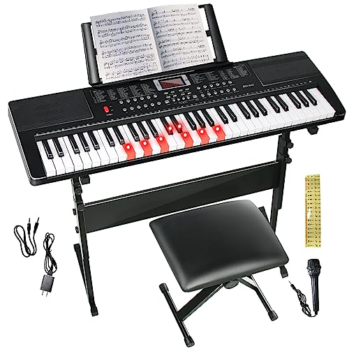 Keyboard Piano 61 Key Electric Piano Keyboard for Beginners/Professional, Portable Light Up Music Keyboard Built-in Dual Speakers with LED Display, Music Stand, Stand, Microphone, Bench (A)