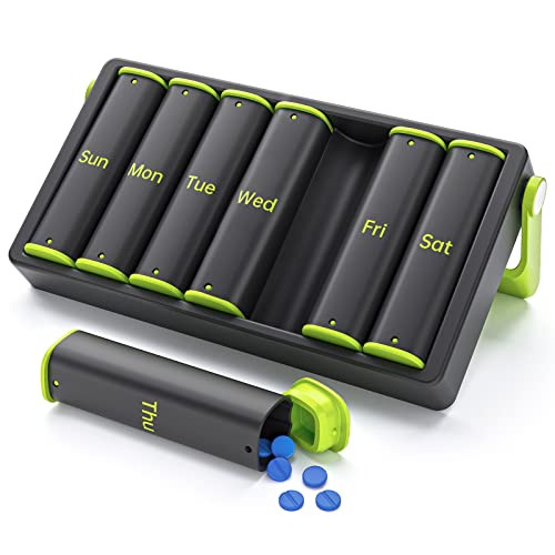 KOVIUU Weekly Pill Organizer Travel, Large Pill Box 7 Day 2 Times a Day, Daily Pill Case with Rotatable Handle, Am Pm Pill Holder Container for Vitamin, Medicine, Supplement, Fish Oil, Green