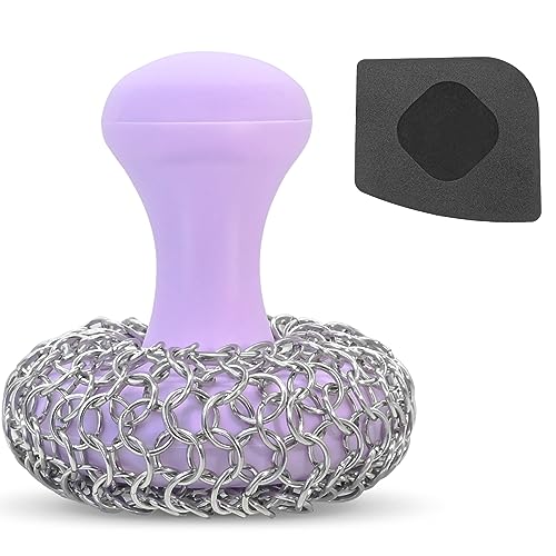 Gumball Cast Iron Scrubber + Pan Scraper - Upgraded Cast Iron Cleaner with Silicone Handle - Chainmail Scrubber for Cast Iron Pans Cookware - Comfortable to Hold - Dishwasher Safe, Purple