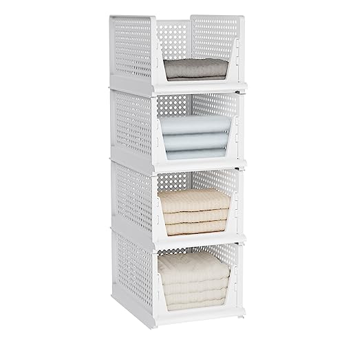 Stackable Plastic Storage Basket, Closet Organizers and Storage Bins, 4 Pack Foldable Clothes Drawer Storage Container for Wardorbe Cupboard Kitchen Bathroom Bedroom Office (White-4L)