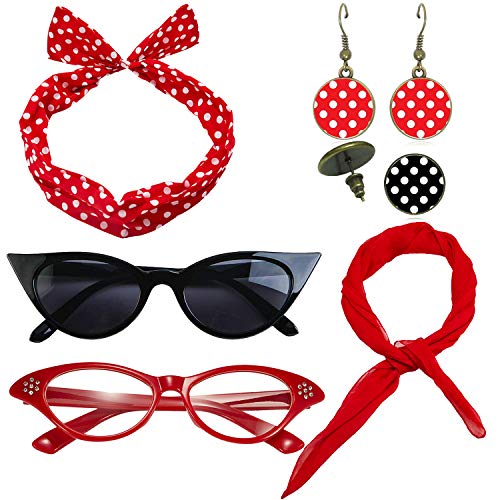 eforpretty 1950's Womens Costume Accessories Set - 50s Chiffon Scarf,Cat Eye Glasses,Bandana Tie Headband,Drop Dot Earrings (Red)