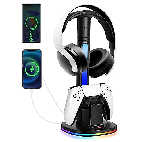 PS5 Controller Charging Station with RGB Headphone Stand, JDGPOKOO PS5 Controller Charger Holder with 2 USB Charging Ports, Headset Stand for Playstation 5 Controller Charging Dock, Black