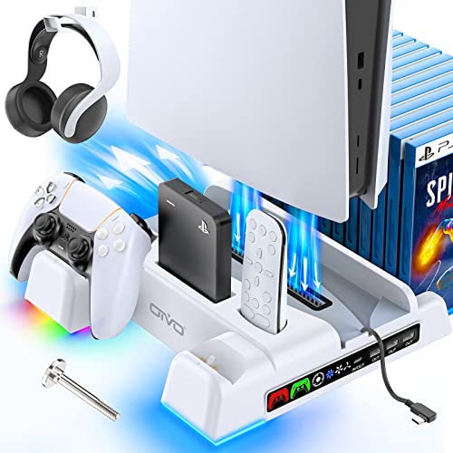 PS5 Stand and Cooling Station with RGB LED Charging Station for Playstation 5 Console, 2H Fast PS5 Controller Charger, PS5 Accessories with 3-Level Cooling Fan, Headset holder, 3 USB Hub