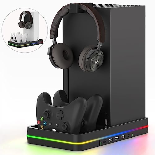 Xbox Series X/S Dual Cooling Fan,Cooling Stand for Xbox Series X/S Console/Controller,Xbox Dual Controller Charger Station with RGB LED Light & 3 USB Ports,xbox series x accessories with 2 Headphone Hooks